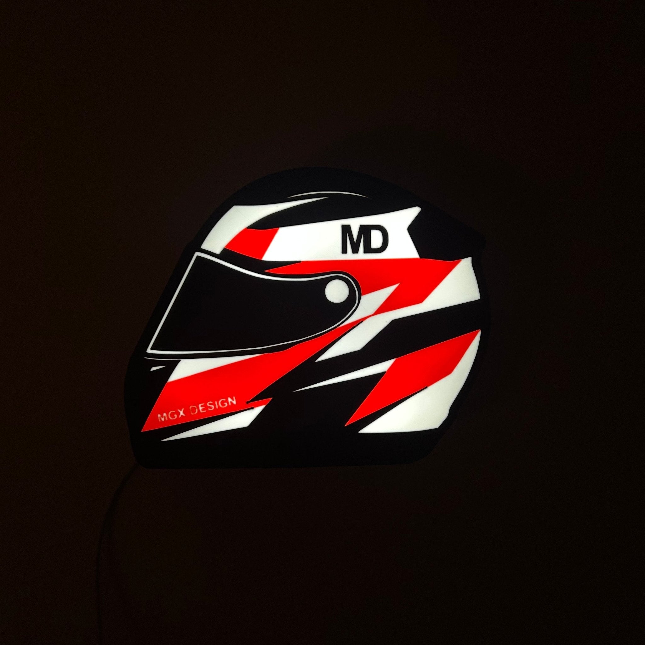 Lampe casque automobile Blad Run, design noir blanc rouge