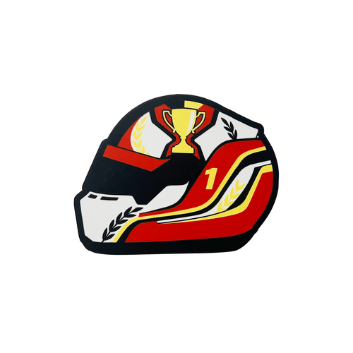 Lampe casque automobile First Victory, design blanc rouge jaune, trophée et numéro 1