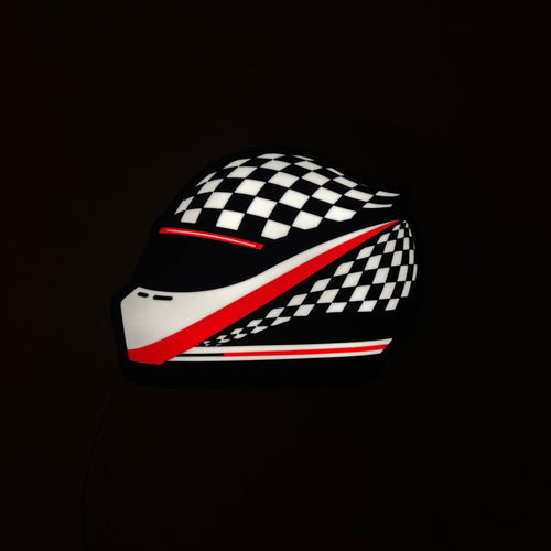 Lampe casque automobile Drapeau à damier, design blanc rouge noir, motif damier