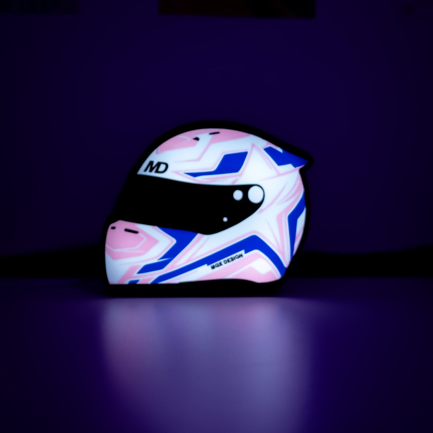 Lampe casque automobile Star Grid, design bleu blanc rose