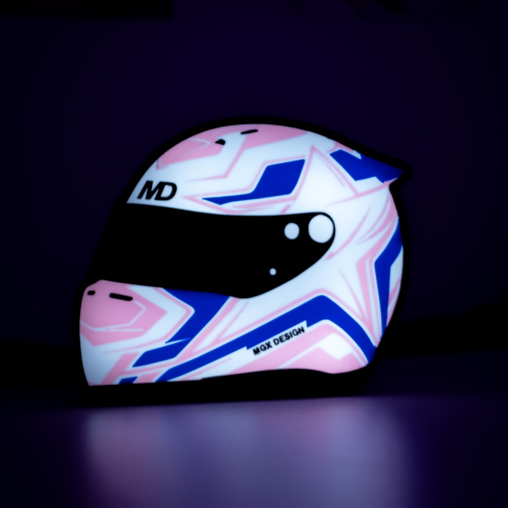 Lampe casque automobile Star Grid, design bleu blanc rose