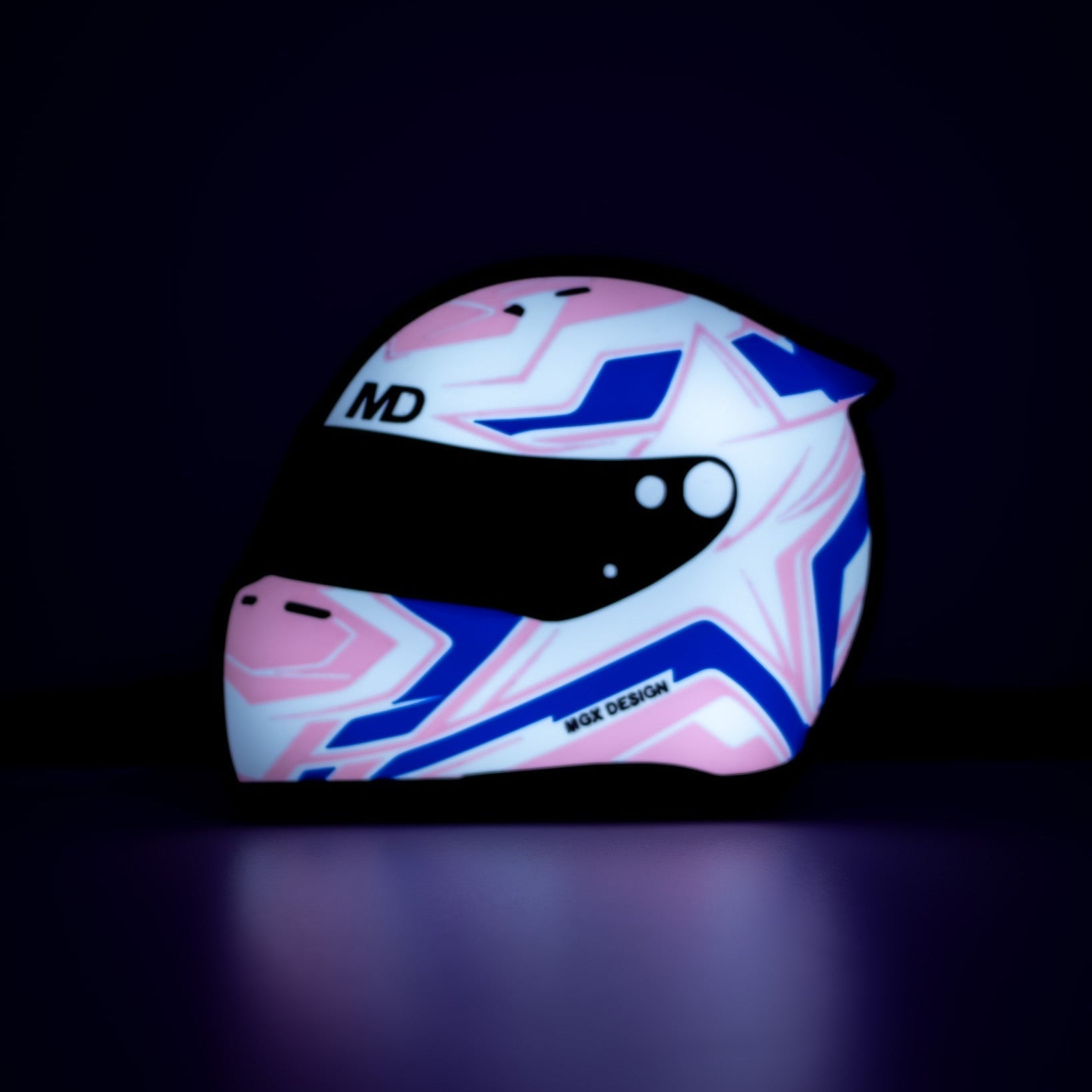 Lampe casque automobile Star Grid, design bleu blanc rose