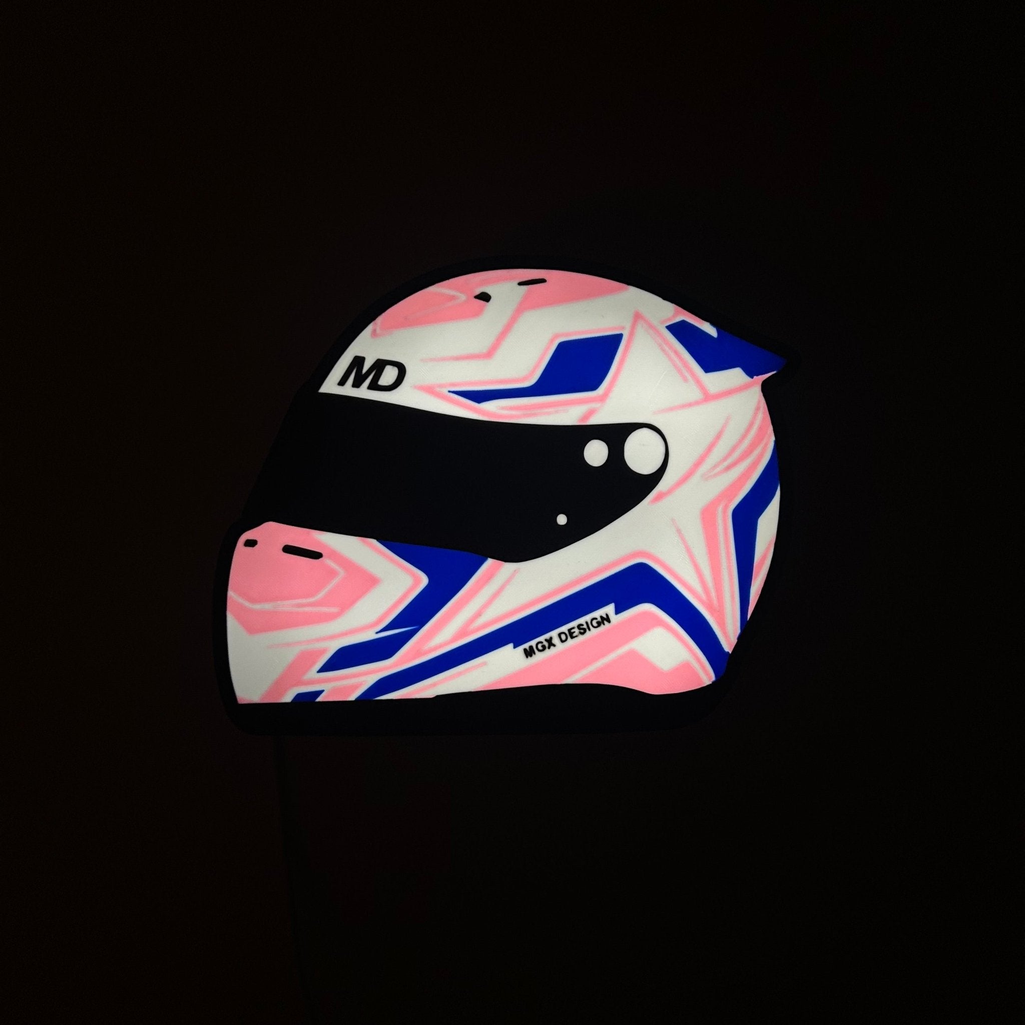 Lampe casque automobile Star Grid, design bleu blanc rose