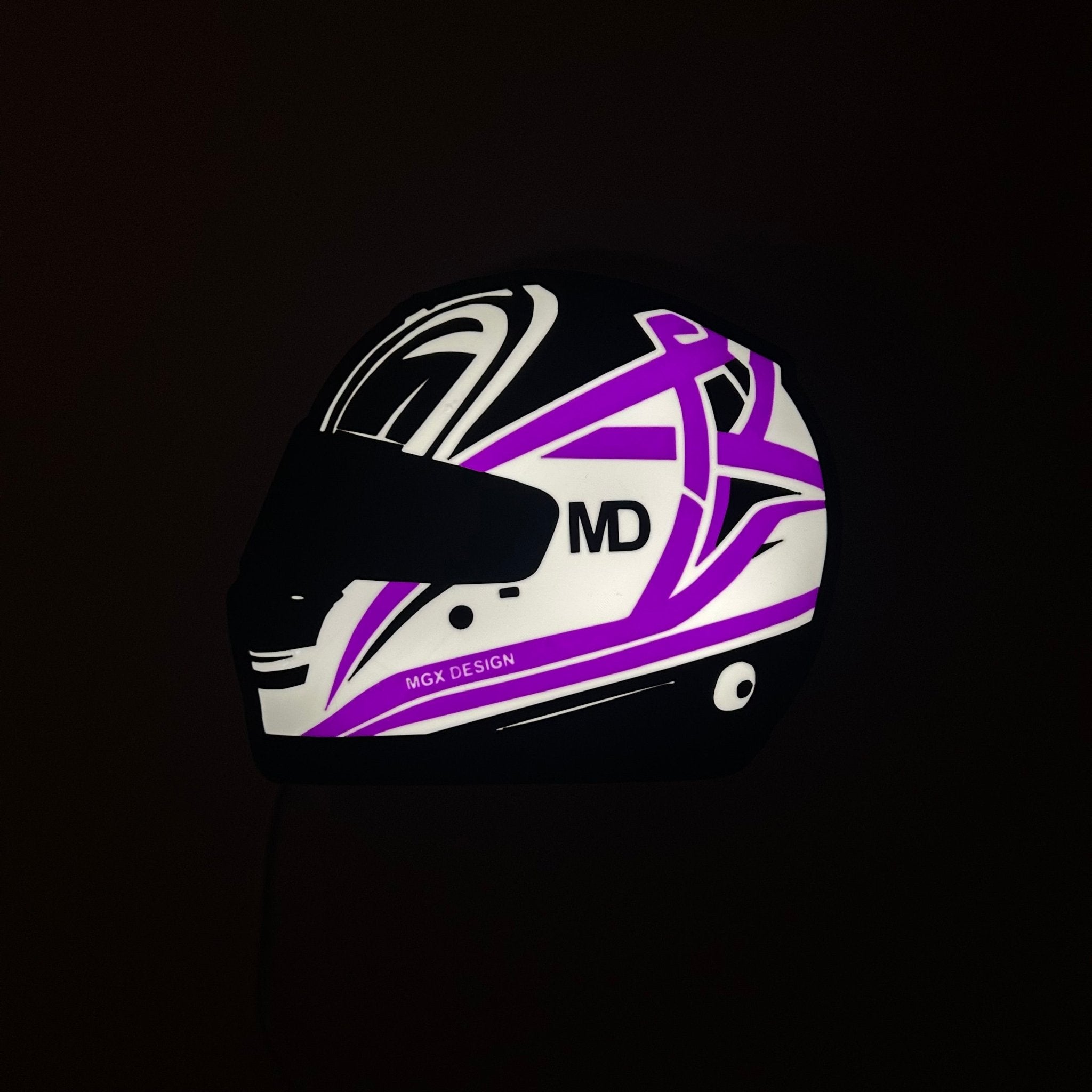 Lampe casque automobile Purple Line, design noir blanc violet