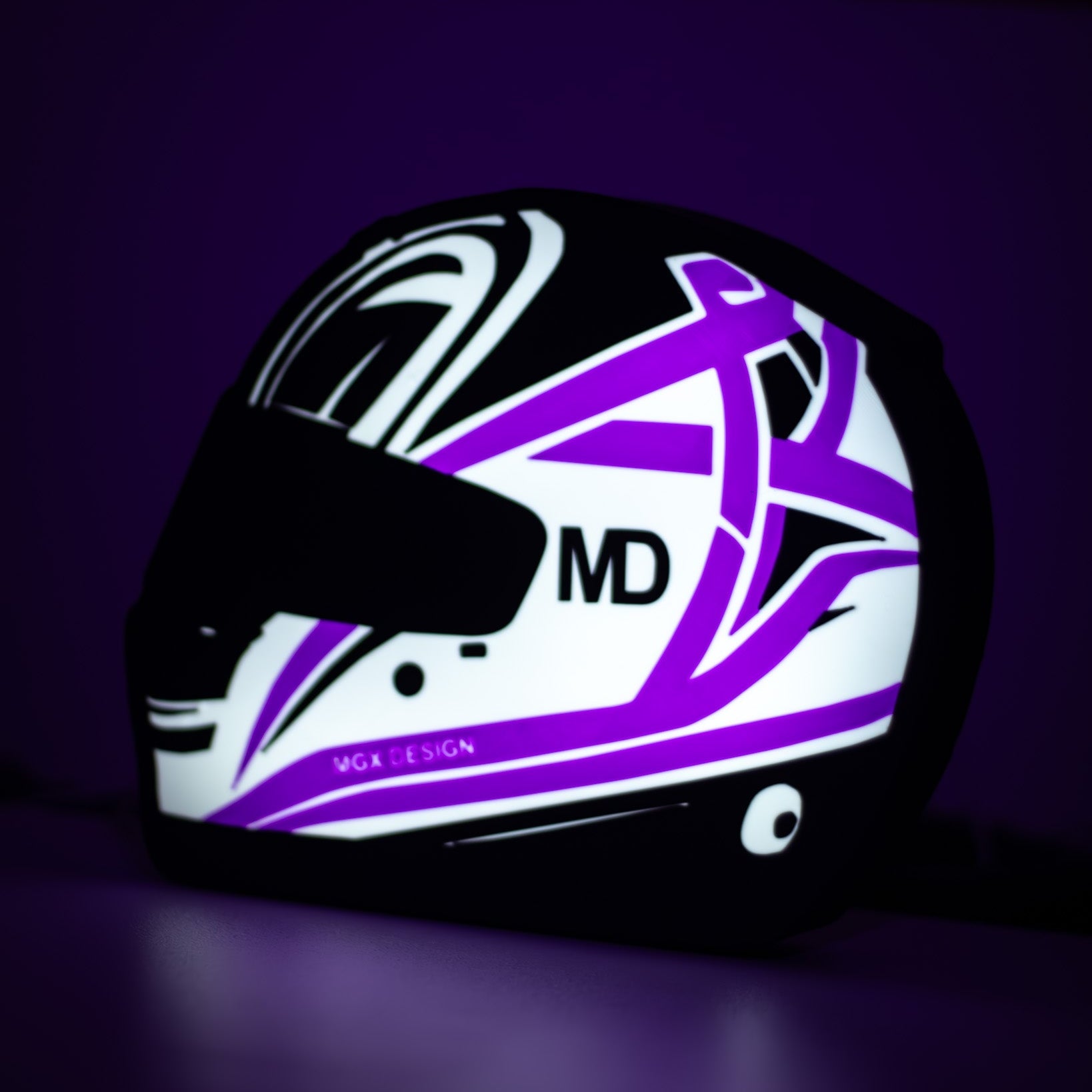 Lampe casque automobile Purple Line, design noir blanc violet