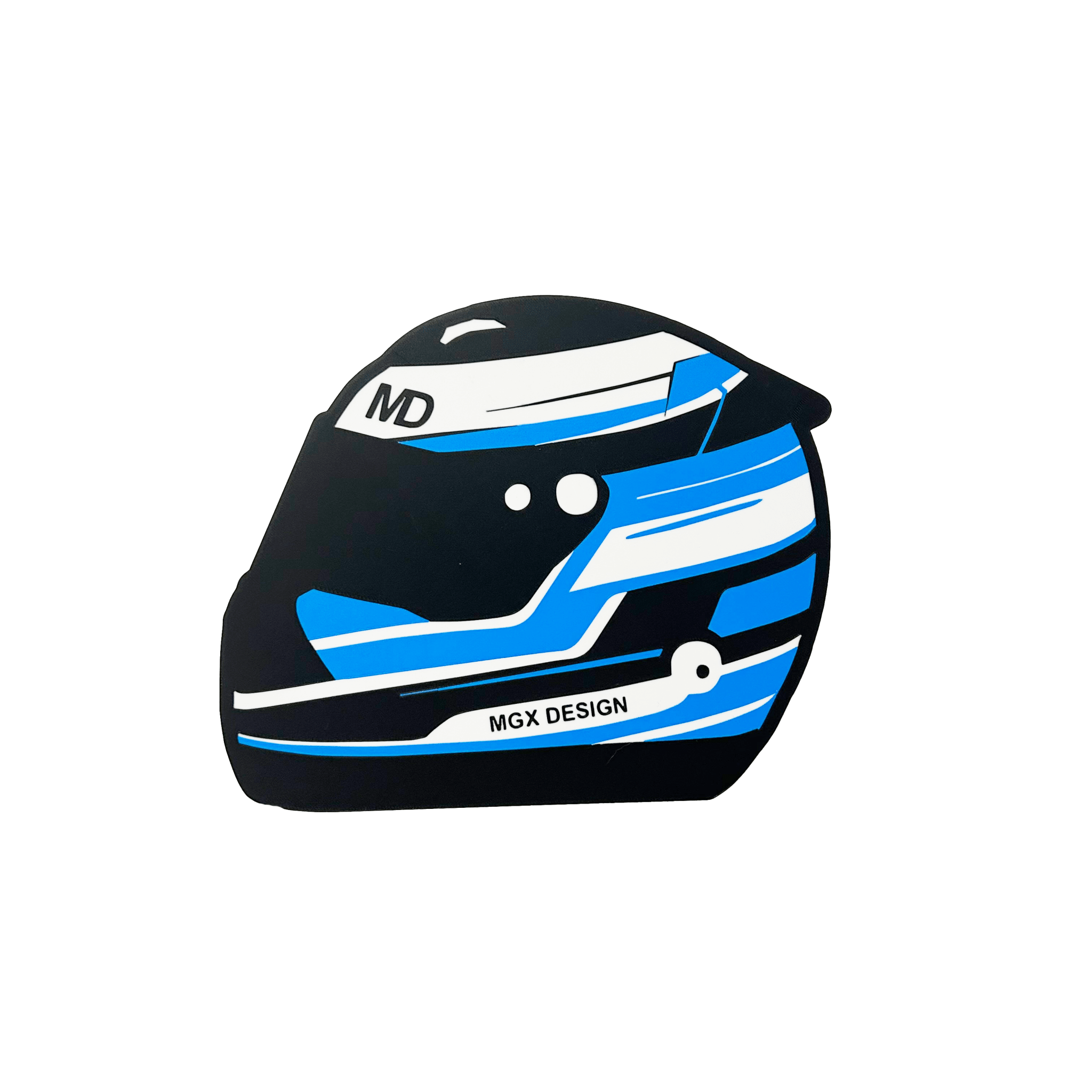 Lampe casque automobile Blue Airflow, design noir blanc bleu, initiales MD