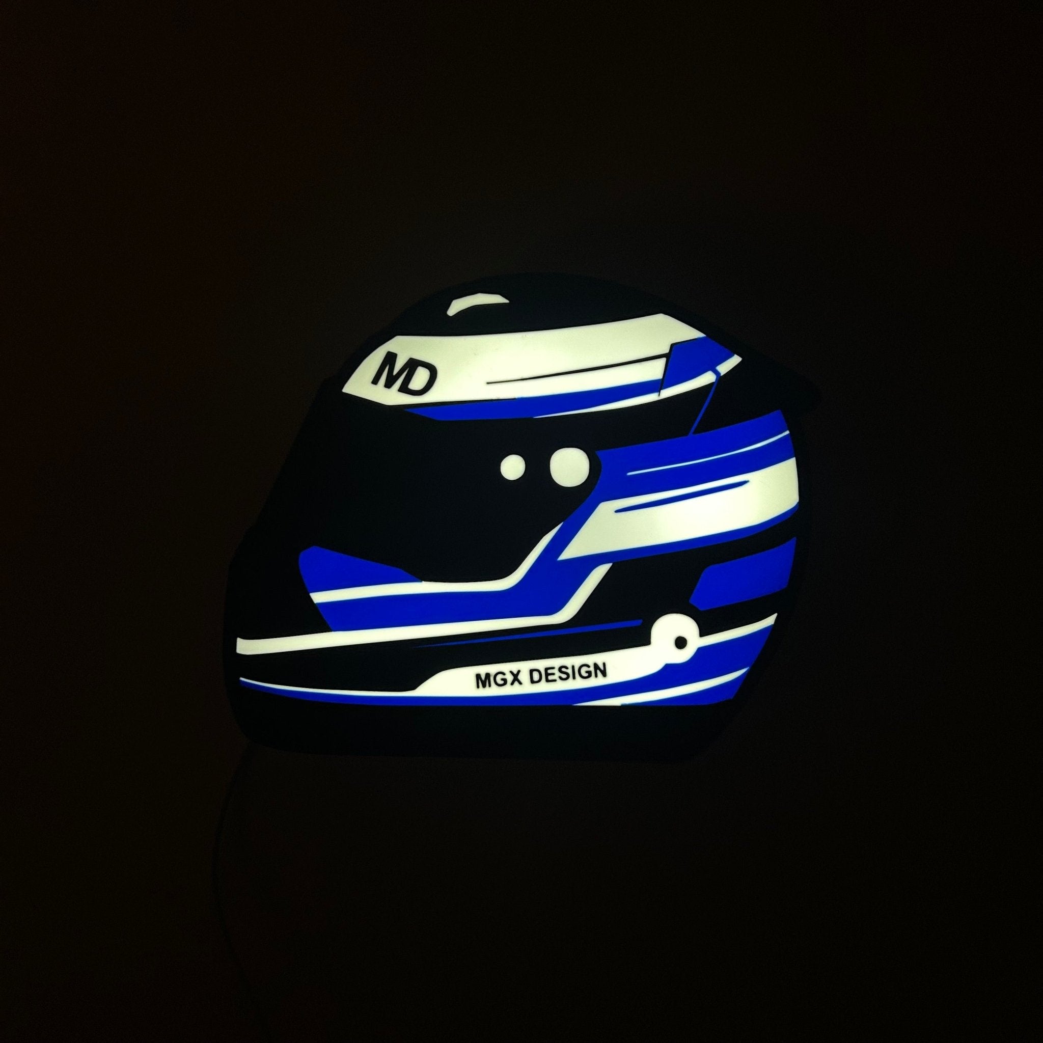 Lampe casque automobile Blue Airflow, design noir blanc bleu