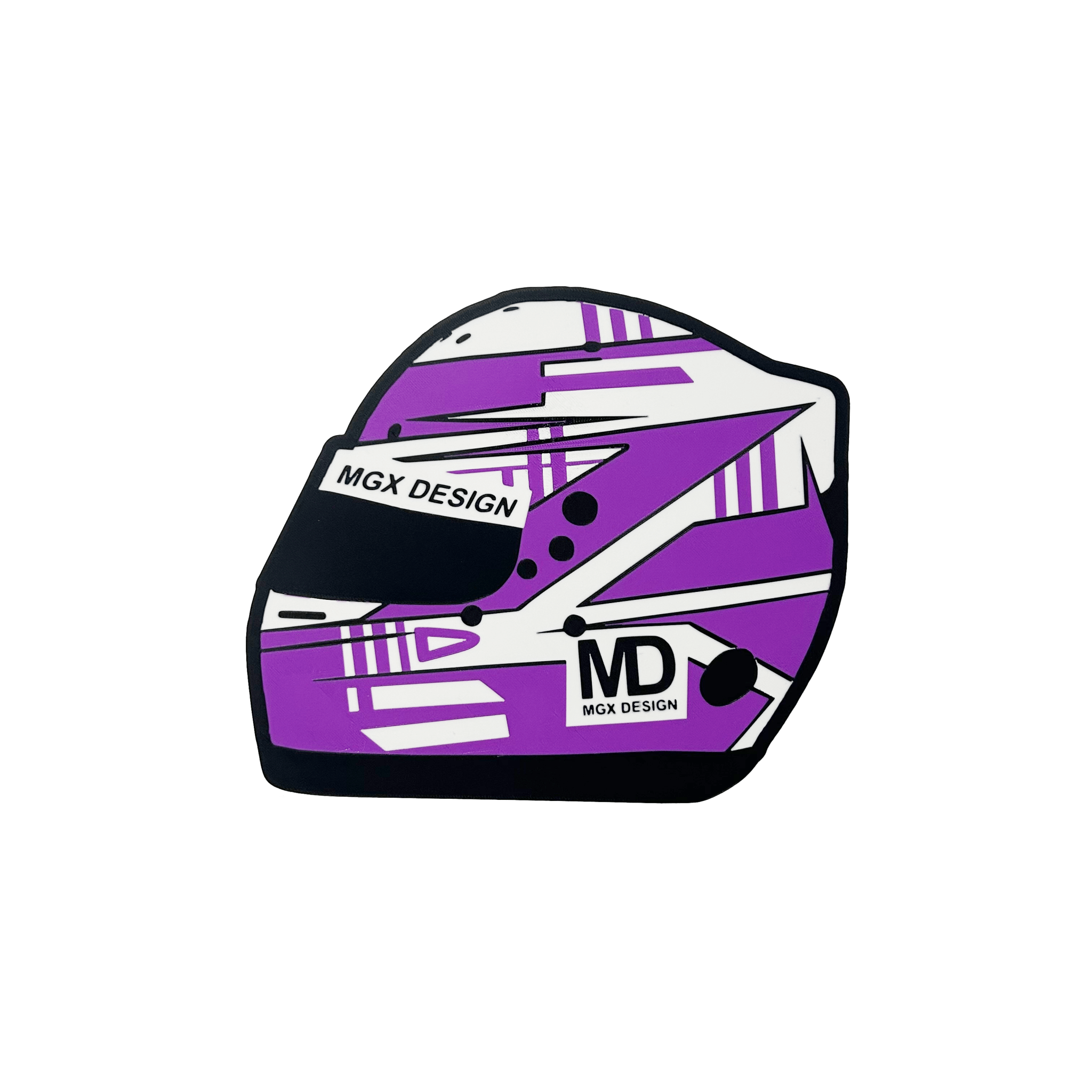 Lampe casque automobile Purple Strike, design noir blanc violet, initiales MD